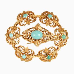 Antique Victorian Yellow Gold & Turquoise Brooch-GOE-978760