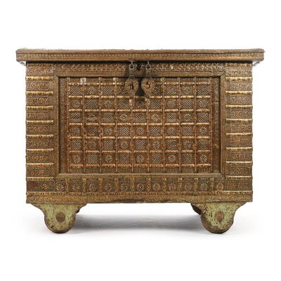 Antique Wood Chest with Steel and Brass Fittings, 1840s-NQ-624620