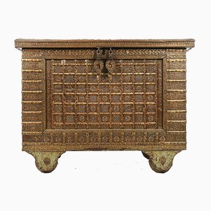 Antique Wood Chest with Steel and Brass Fittings, 1840s-NQ-624620