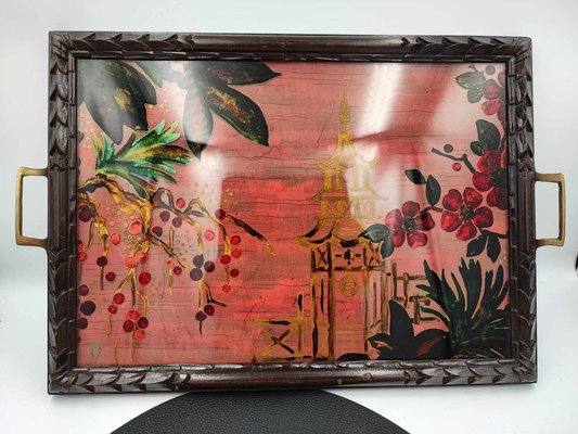 Antique Wooden Carved Tray Painted on Glass-CAQ-1275937