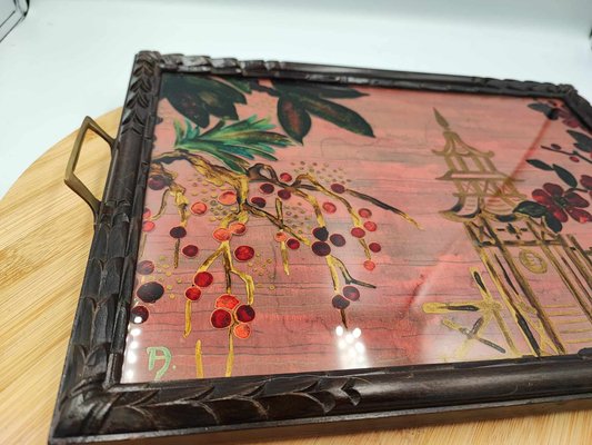 Antique Wooden Carved Tray Painted on Glass-CAQ-1275937