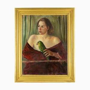 Antonio Feltrinelli, Woman with Parrot, Oil on Canvas, 1930s, Framed-ZCI-1769969