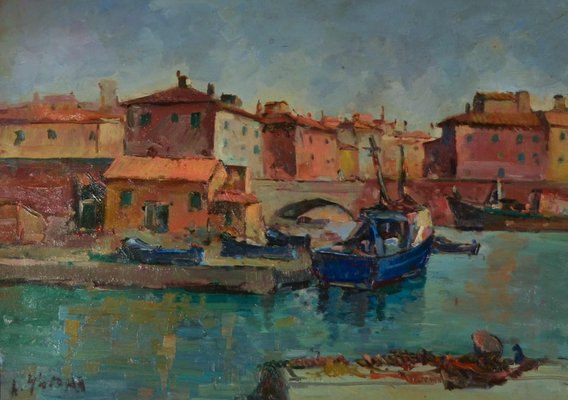 Antonio Sbrana, Canal in Livorno, Oil on Panel-KHH-1300859