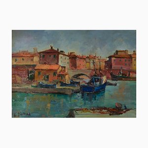 Antonio Sbrana, Canal in Livorno, Oil on Panel-KHH-1300859