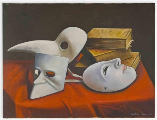 Antonio Sciacca, Still Life with Mask and Books, Oil on Canvas, 1996-ZCI-1770058