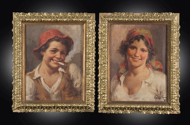 Antonio Vallone, Young Commoners, Early 20th Century, Oil on Canvas Paintings, Set of 2-KKK-1823310