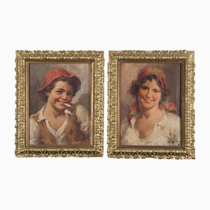 Antonio Vallone, Young Commoners, Early 20th Century, Oil on Canvas Paintings, Set of 2-KKK-1823310