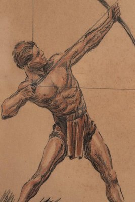 Archer, 1930s, Charcoal & Sanguine Drawing, Framed-QKG-1738414