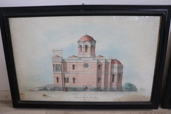 Architectural Drawings, Italian Church, 1920s, Paper, Set of 2, Framed-DCO-1193465