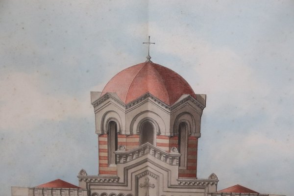 Architectural Drawings, Italian Church, 1920s, Paper, Set of 2, Framed-DCO-1193465