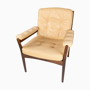 Armchair in Dark Wood & Upholstered in Light Leather, 1960s-UY-852191