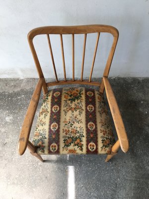 Armchair with Cushion, Blond Wood Frame and Floral Plastic Fabric in the Style of Ico Parisi, 1950s-GGK-1020136