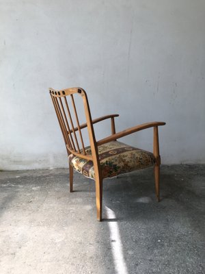 Armchair with Cushion, Blond Wood Frame and Floral Plastic Fabric in the Style of Ico Parisi, 1950s-GGK-1020136