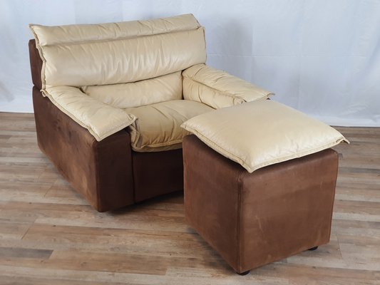 Armchair with Pouf in Leather and Suede, Italy, 1970s, Set of 2-ZUW-1577593