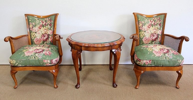 Armchairs and Chippendale Table in Solid Beech, 1950s, Set of 3-RVK-1047660