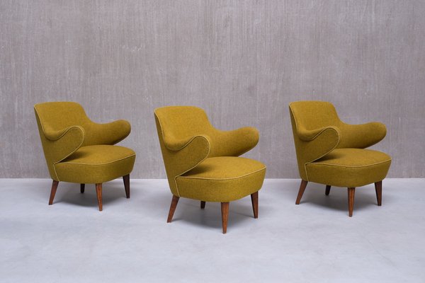 Armchairs in Birch and Chartreuse Wool, 1940s, Set of 3-FMT-2008443