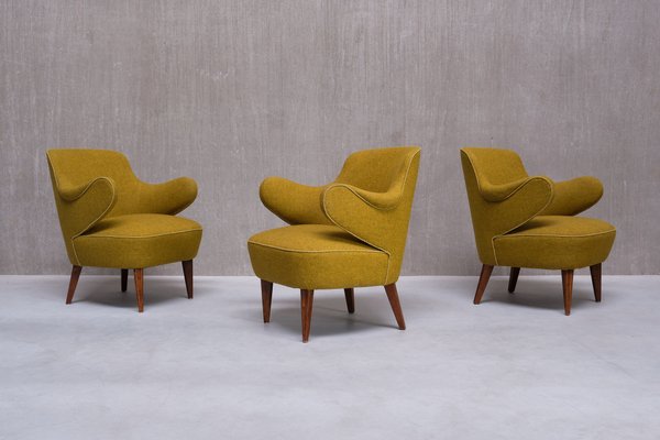 Armchairs in Birch and Chartreuse Wool, 1940s, Set of 3-FMT-2008443