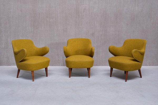 Armchairs in Birch and Chartreuse Wool, 1940s, Set of 3-FMT-2008443