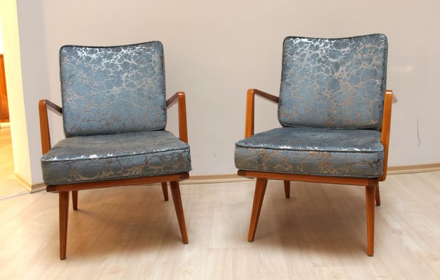 Armchairs in Cherrywood & Blue or Silver Fabric from Knoll, Germany, 1950s, Set of 2-NNB-1071403