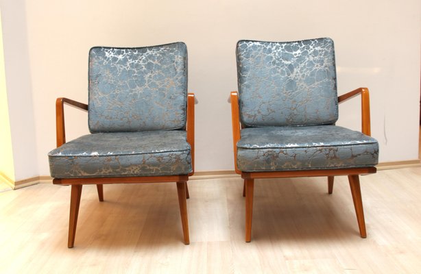 Armchairs in Cherrywood & Blue or Silver Fabric from Knoll, Germany, 1950s, Set of 2-NNB-1071403