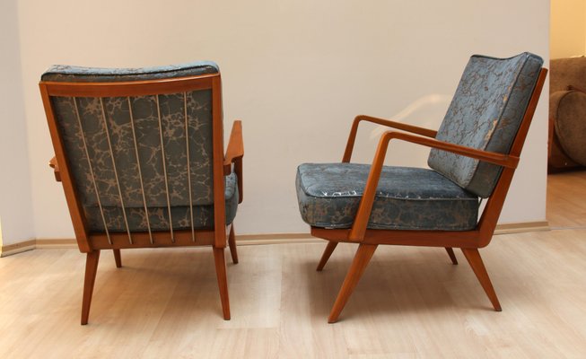 Armchairs in Cherrywood & Blue or Silver Fabric from Knoll, Germany, 1950s, Set of 2-NNB-1071403