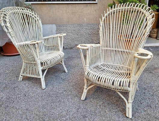 Armchairs in Malacca and Bamboo Laquered White, 1960s, Set of 2-OHK-1787038