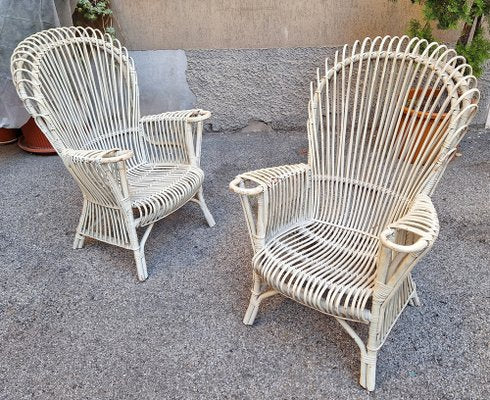 Armchairs in Malacca and Bamboo Laquered White, 1960s, Set of 2-OHK-1787038