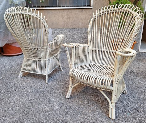 Armchairs in Malacca and Bamboo Laquered White, 1960s, Set of 2-OHK-1787038