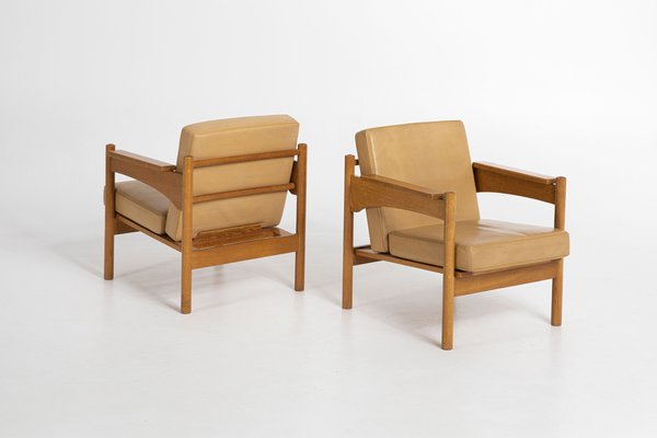 Armchairs in Oak and Leather by Uluv Krasna Jizba, 1960s, Set of 2-IVW-1338006