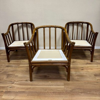 Armchairs in Rattan & White Leather by Hans Kaufeld for Mc Guire, Set of 3-ALF-2033594