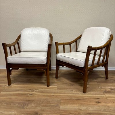 Armchairs in Rattan & White Leather by Hans Kaufeld for Mc Guire, Set of 3-ALF-2033594