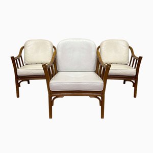 Armchairs in Rattan & White Leather by Hans Kaufeld for Mc Guire, Set of 3-ALF-2033594