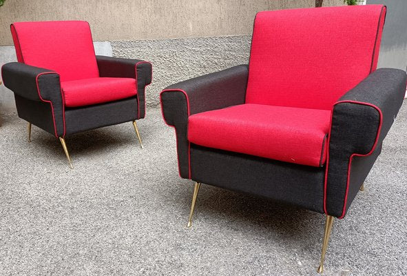 Armchairs in Red and Black with Brass Legs, 1950s, Set of 2-OHK-1309298