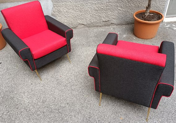 Armchairs in Red and Black with Brass Legs, 1950s, Set of 2-OHK-1309298