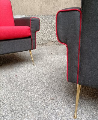 Armchairs in Red and Black with Brass Legs, 1950s, Set of 2-OHK-1309298