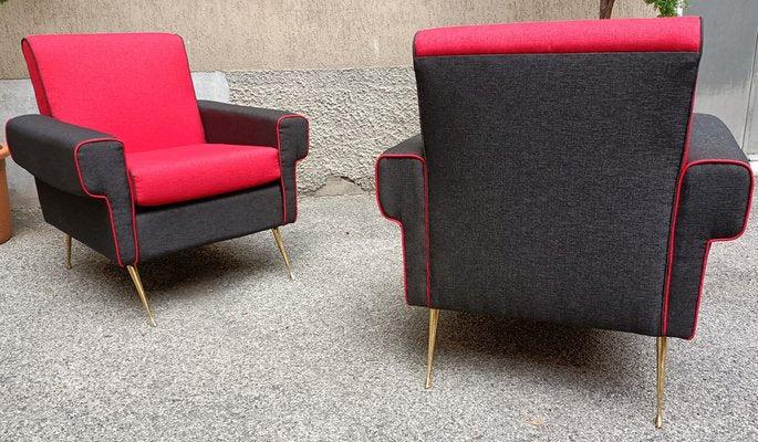 Armchairs in Red and Black with Brass Legs, 1950s, Set of 2-OHK-1309298