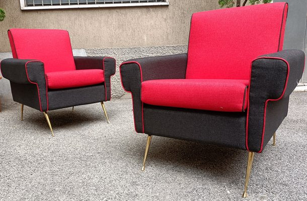 Armchairs in Red and Black with Brass Legs, 1950s, Set of 2-OHK-1309298