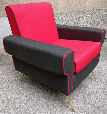 Armchairs in Red and Black with Brass Legs, 1950s, Set of 2-OHK-1309298