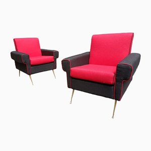 Armchairs in Red and Black with Brass Legs, 1950s, Set of 2-OHK-1309298