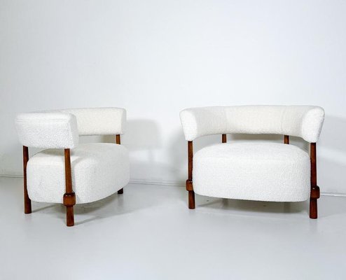 Armchairs in Wood and White Boucle Fabric, Italy-FGA-2041588