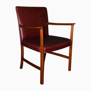 Armchairs of Burgundy Red Leather Teak by Ole Wanscher for A.J. Iversen, 1950s, Set of 2-ZKR-2023757