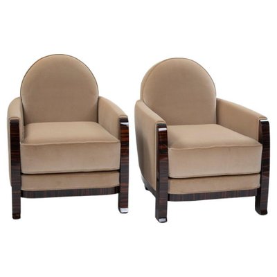 Art Dcco French Macassar Veneered Armchairs in Beige Colored Velvet, 1930s, Set of 2-SER-2026454