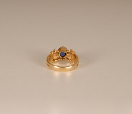 Art Deco 14K Yellow Gold Ring with Cabochon Cut Sapphire Style Stone and Brilliant Cut Crystals-GOE-960974