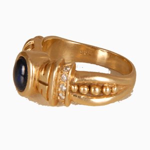 Art Deco 14K Yellow Gold Ring with Cabochon Cut Sapphire Style Stone and Brilliant Cut Crystals-GOE-960974