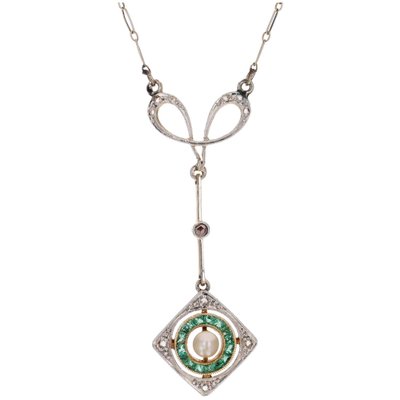 Art Deco 18 Karat Yellow and White Gold Pendant Necklace with Emerald, Diamonds and Fine Pearl, 1920s-OLU-1757419