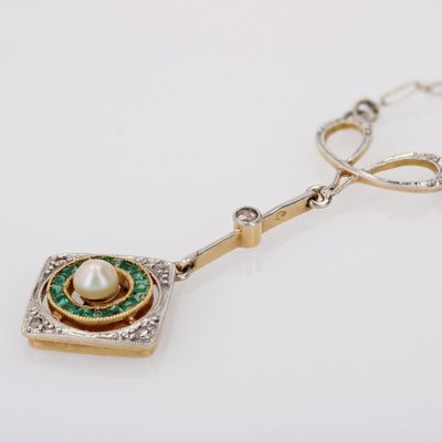 Art Deco 18 Karat Yellow and White Gold Pendant Necklace with Emerald, Diamonds and Fine Pearl, 1920s-OLU-1757419