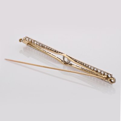 Art Deco 18 Karat Yellow Gold Platinum Bar Brooch with Diamonds, 1930s-OLU-2019553