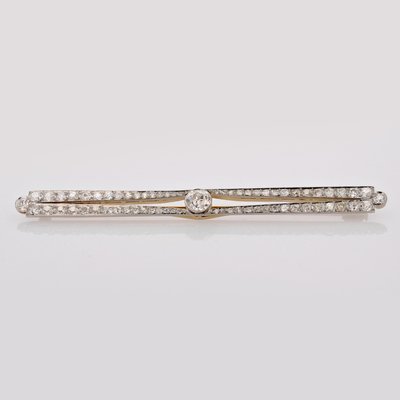 Art Deco 18 Karat Yellow Gold Platinum Bar Brooch with Diamonds, 1930s-OLU-2019553