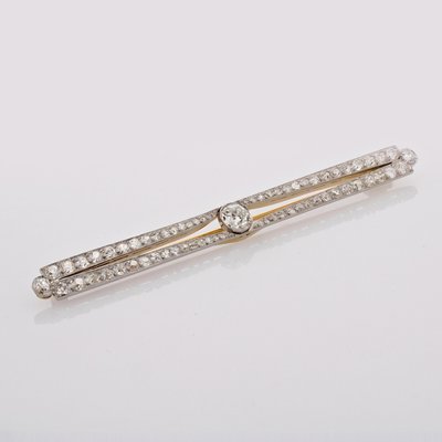 Art Deco 18 Karat Yellow Gold Platinum Bar Brooch with Diamonds, 1930s-OLU-2019553