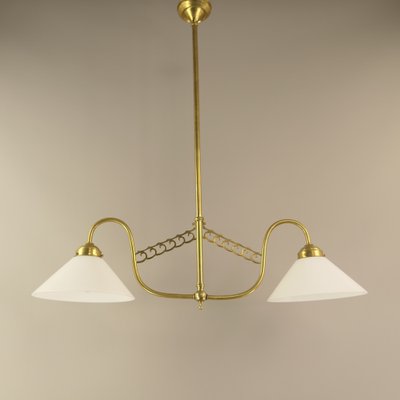 Art Deco 2-Arm Brass Pendant Lamp, Vienna, 1920s-KDB-1791556